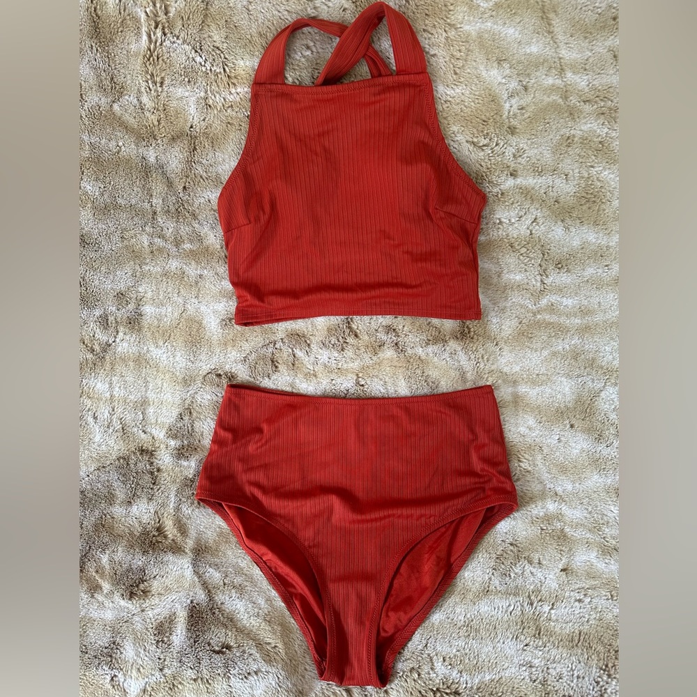 Slightly cropped two piece swimsuit.